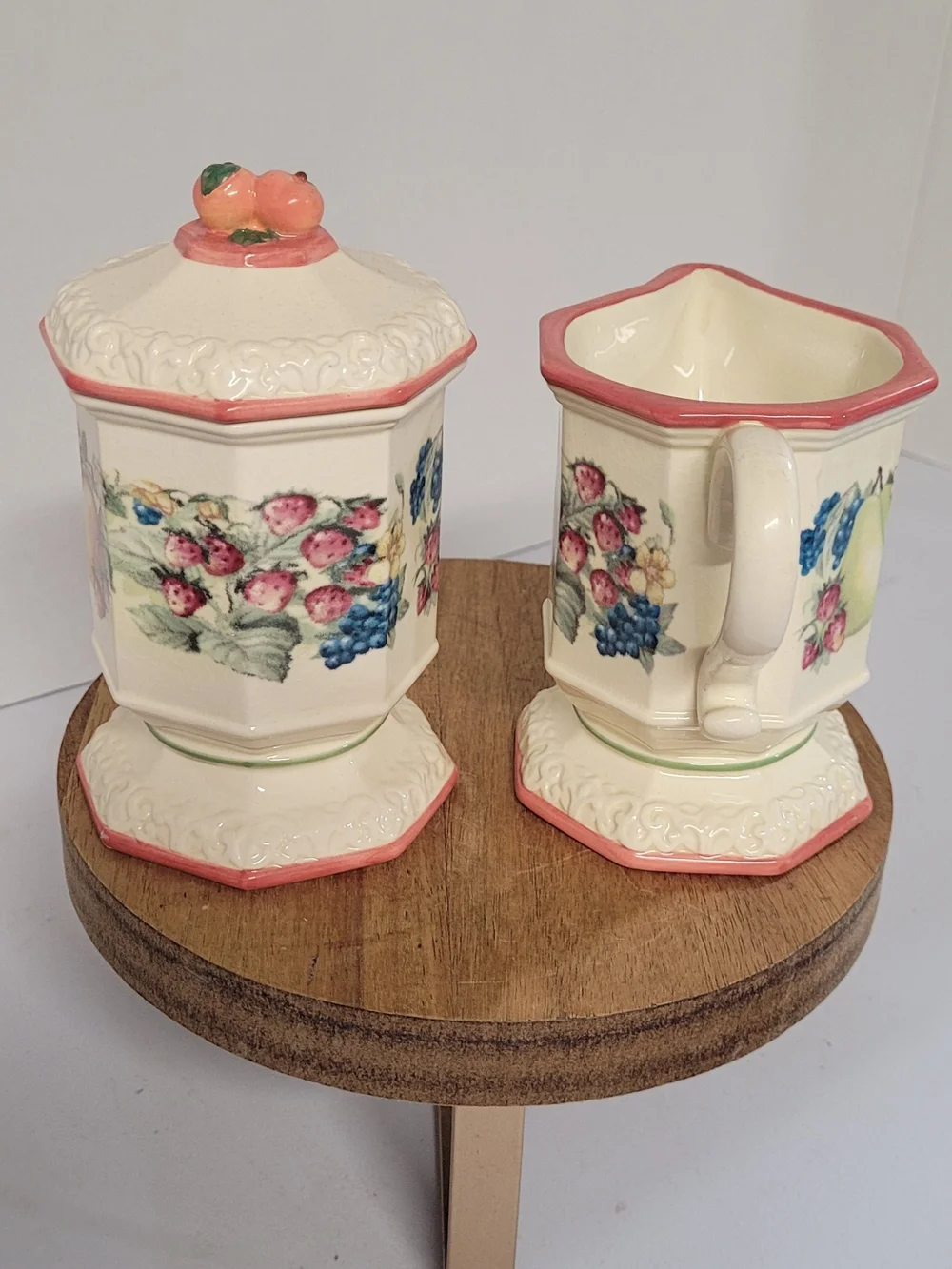 Vintage Avon Floral Fruit Ceramic Creamer and Sugar Set in Pink Trim